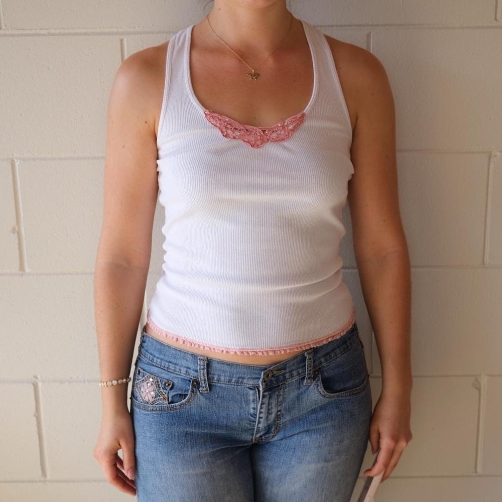 Guess White Tank Top with Pink Lace Accents